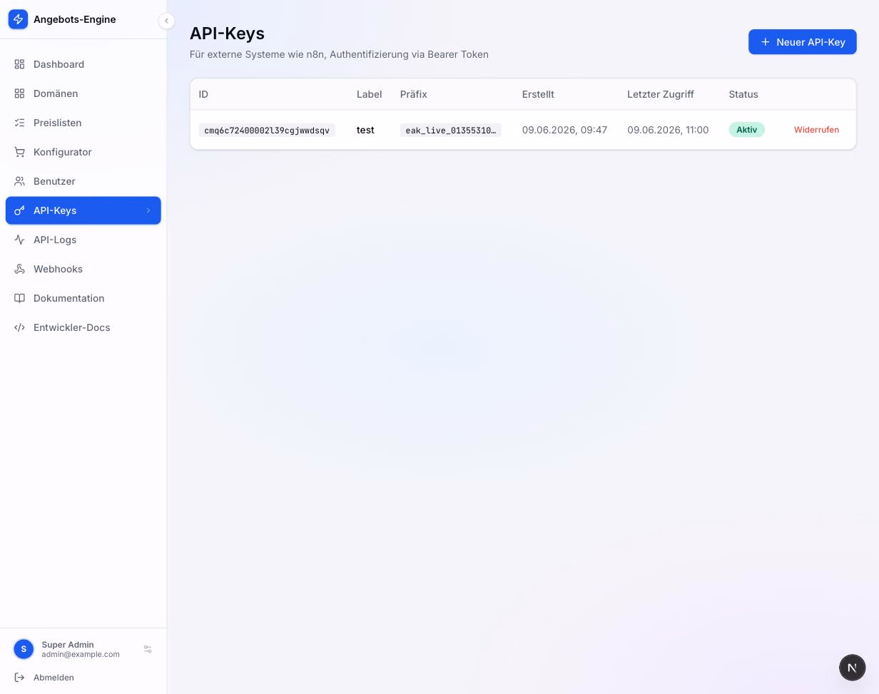 Verwaltung der API-Keys mit Präfix, Erstellungsdatum und letztem Zugriff für den Zugriff externer Systeme.
