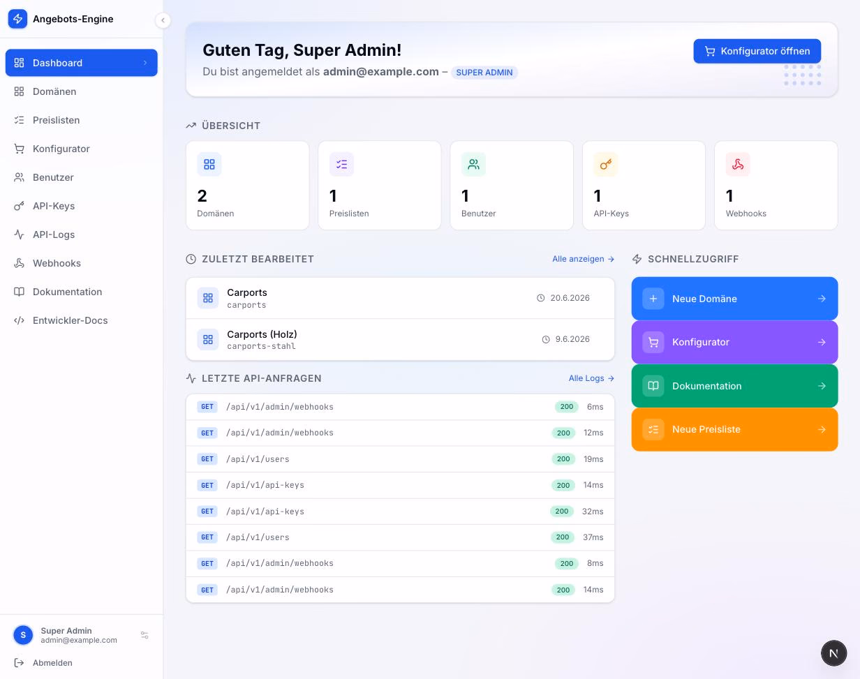 Dashboard der Angebots-Engine mit Übersicht zu Domänen, Preislisten, Benutzern und API-Keys sowie den zuletzt bearbeiteten Konfigurationen.