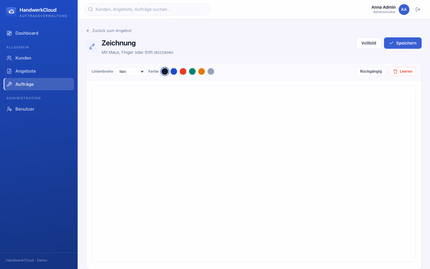 Zeichenfläche zum Skizzieren mit Auswahl der Linienbreite, sechs Farben, Rückgängig-Schaltfläche und Vollbildansicht.