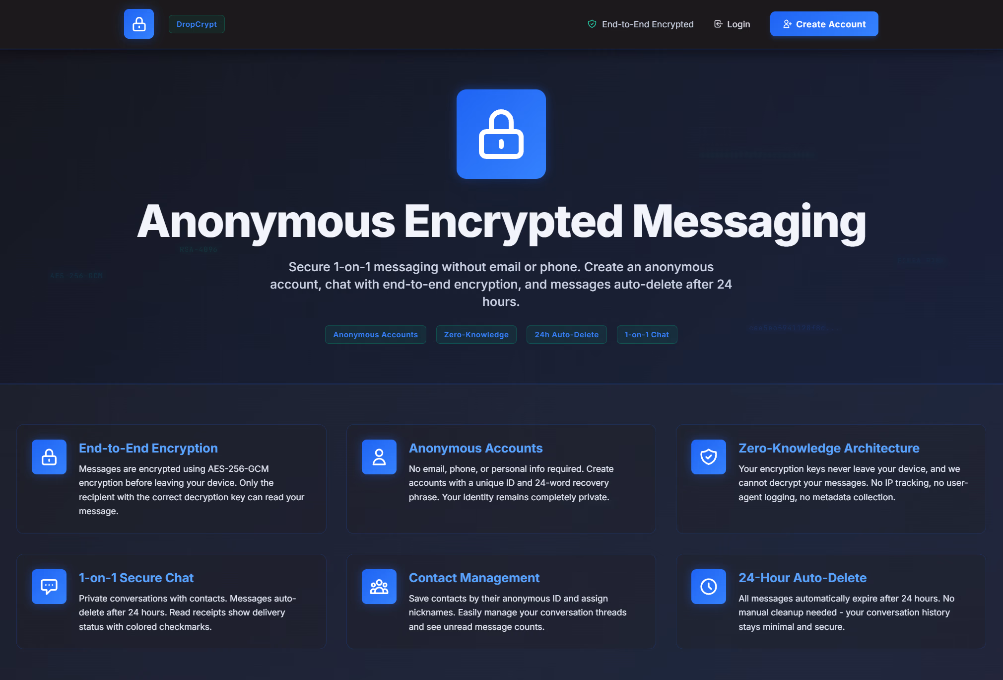 Startseite der Anwendung mit der Überschrift "Anonymous Encrypted Messaging" und drei Kacheln zu Verschlüsselung, Zero-Knowledge-Architektur und automatischem Löschen.